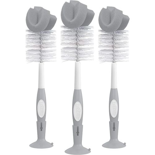 Dr. Brown's Reusable Sponge Baby Bottle Cleaning Brush Set with Suction Cup Stand, Scrubber and Nipple Cleaner, Gray, 3 Pack