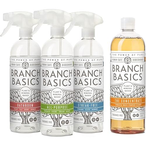 Branch Basics Cleaning Essentials Kit: All Purpose Spray, Glass Cleaner, and Bathroom Cleaner - Concentrate (33.8 Oz) + Plastic Spray Bottles for Cleaning (24 Oz) Non-Toxic, Fragrance-Free