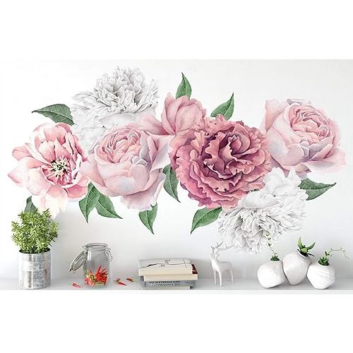 Murwall Peony Floral Wall Decal Peonies Blossom Wall Stickers Pink Rose Peel and Stick for Livingroom Flower Decals Modern Room Decor
