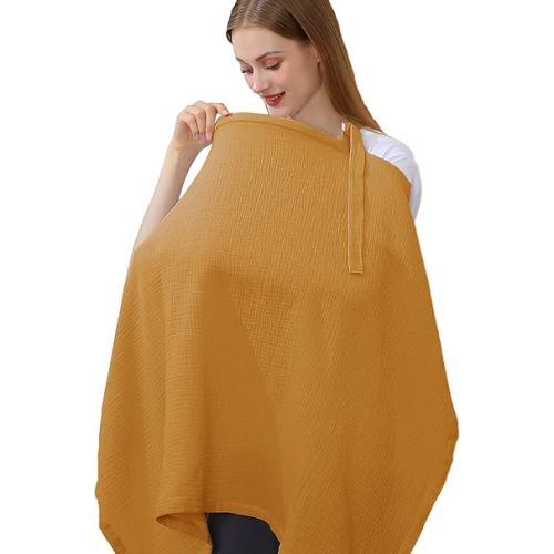 Hicoco 100% Muslin Cotton Breastfeeding Cover, Multi-use Nursing Cover with Arch Neckline, Cotton Nursing Apron (deep yellow)
