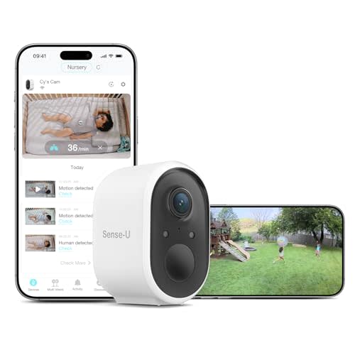 Sense-U Security Baby Monitor Camera, Indoor/Outdoor Use, AI Breathing Detection, Battery Operated, Waterproof, No Monthly Fees