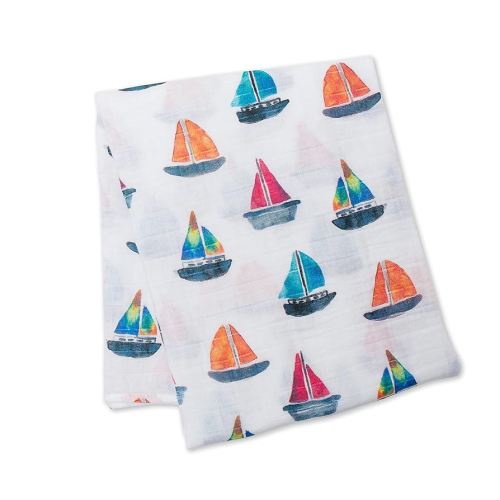 lulujo Baby 100% Cotton Muslin Swaddle Blanket, 47 x 47-Inches, Sailboat
