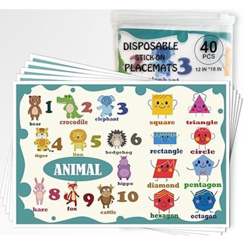 Disposable Placemats for Baby, 40 Pack Sticky Placemats Restaurant Table Mats for Toddler, 12" x 18" Mats for Kids Learn Numbers, Shapes, and Animals