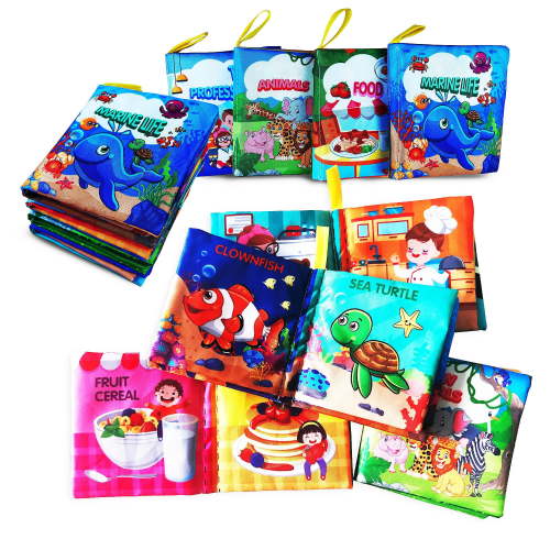 Soft Cloth Baby Book Toy Pack Of 4, Touch & Feel, Crinkle Book, Early Educational Toy For 0-6 Months, Animal, Marine Life, Food, Profession Themes
