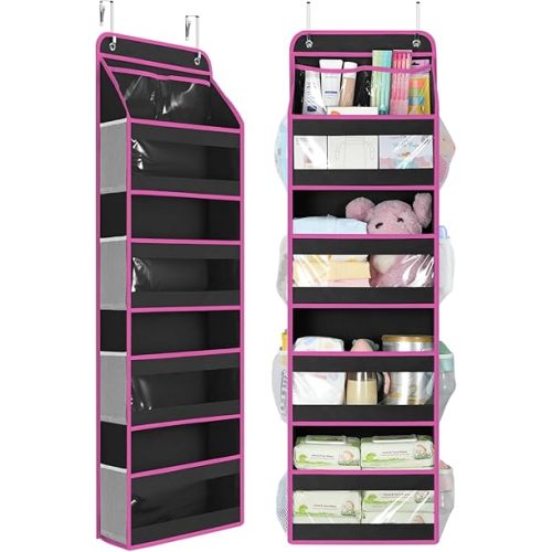 Yecaye 5 Tier Over the Door Organizer, Swing-proof Door Organizer Hanging with Clear PVC Windows, Behind the Door Storage for Bedroom Nursery Closet Laundry Pantry Bathroom, Pink and Black