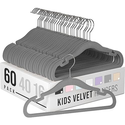 Clothes Baby Hangers for Closets - Unique Notches for Non Slip. Heavy-Duty Velvet Kids & Toddler Hangers for Closet | Ultra Thin Design for Space Saving. Ganchos De Ropa para Bebe (60 Pack Grey)