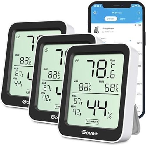 Govee Indoor Hygrometer Thermometer 3 Pack, Bluetooth Humidity Temperature Gauge with Large LCD Display, Notification Alert with Max Min Records, 2 Years Data Storage Export for Room Greenhouse, Black