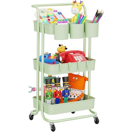 LEHOM 3-Tier Rolling Mobile Utility Cart with Hanging Cups & Hooks & Handle Multifunctional Organizer Storage Trolley Service Cart with Wheels Easy Assembly for Office, Bathroom, Kitchen (Green)