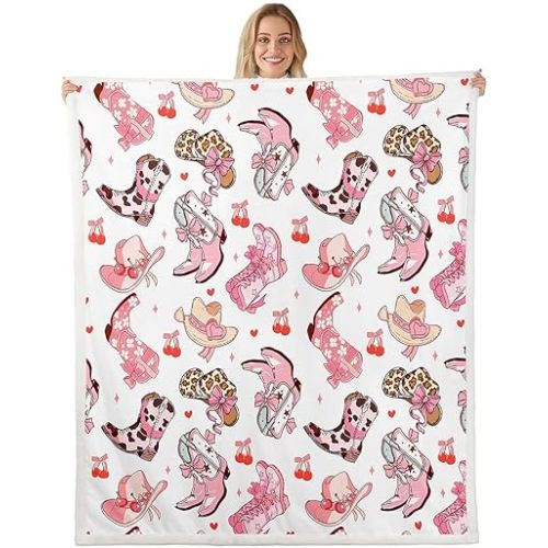 jejeloiu Kids Pink Cowgirl Fleece Throw Blanket Baby 30"x40" Western Fuzzy Blanket for Bed Sofa Couch Cowgirl Boots Bow Ribbon Sherpa Blanket Fuzzy Blanket