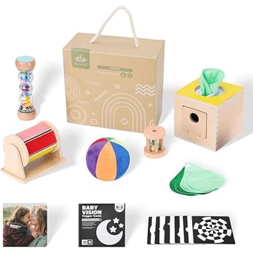 Montessori Toys Set for Babys 1 Year Old ,Natural 0-6 Months Wooden Learning Educational Play Kit ,7 in 1 Montessori-Inspired Toys for Babies and Toddlers, Medium