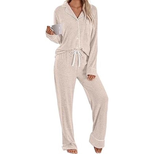 LILLUSORY Women's Long Sleeve Pajama Set - Soft Button-Down Top & Comfortable Drawstring Pants with Pockets