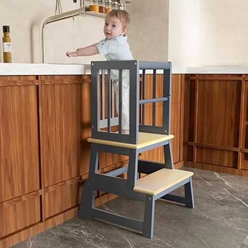 Kids Kitchen Step Stool, Toddler Montessori Learning Standing Tower, Ideal Toddler Kitchen Stool Helper for Bathroom Sink or Kitchen Counter - 2025 Design with 3 Exclusive Upgrades - Gray