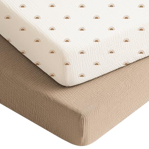 Konssy Muslin Crib Sheets for Boys Girls, Soft Cotton Neutral Baby Crib Sheets for Standard Crib Mattress (52''x28''), Breathable Baby Mattress Sheets 2 Pack (Camel, Sun)