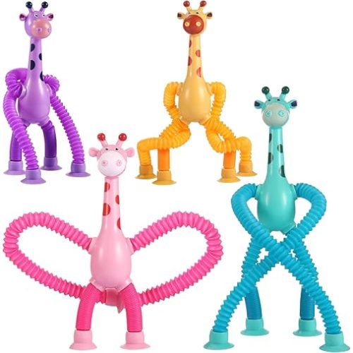 4Pcs Telescopic Suction Cup Giraffe Toy – Sensory Tube Toddler Travel Toys, Connect & Pop Fidget for Kids, Autism Sensory Toys, Encourages Imaginative Play & Creative Thinking