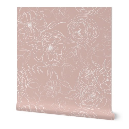 Sketch Peonies in White on Dusty Pink Wallpaper | Spoonflower