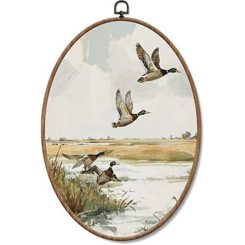 Yorhifa Vintage Mallard Duck Framed Wall Art, Cottagecore Country Duck Landscape Oval Wall Art, Rustic Cabin Farm Animal Oval Walls Decor, Farmhouse Marshland Canvas Artwork Hanging Decor, 8.5x11.5in