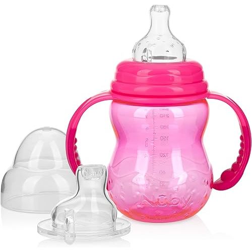 Nuby 3 in 1 Baby Bottle to Training Sippy Cup - 8 Oz Toddler Cups Spill Proof with Soft Spout, Nipple & Removable Grip Handles - Dishwasher Safe (Pink)