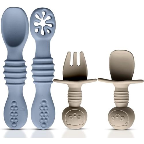 4pc Silicone Baby Spoons Self Feeding Baby Utensils 6-12 Months - 3 Baby Spoon - 1 Baby Fork - Toddler Cutlery Set - BPA Free, Dishwasher Safe - Baby Eating Essentials (Gray/Beige)