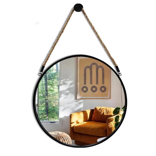 POZINO Round Mirror - Wall Mirrors Decorative 15" Rope Hanging Mirror Farmhouse Circle Mirrors Black Metal Frame Mirror for Bathroom, Bedroom, Living Room, Entryway, Home Decor
