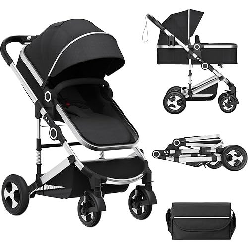 Convertible Baby Stroller, 3 in 1 Folding Infant Stroller, High Landscape Pushchair w/Adjustable Backrest & Canopy, Newborn Bassinet Pram with Foot Cover, Storage Basket, Black