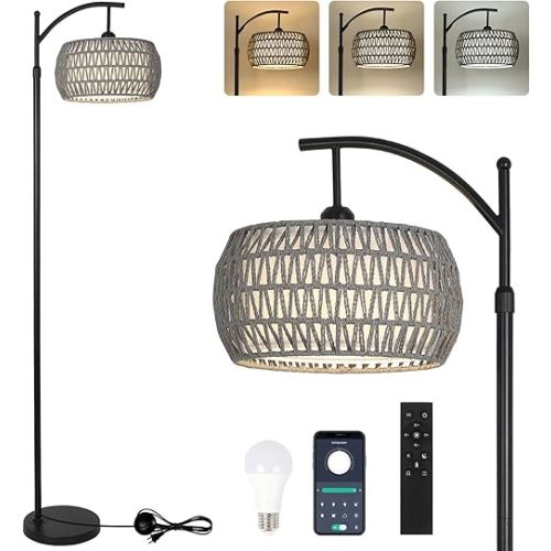 Arc Boho Floor Lamp for Bedroom & Living Room - LED Smart Bulb with Remote, Height Adjustable, Rattan Stand Up Lamp for Office & Corner