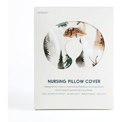 GRSSDER Nursing Pillow Cover Stretchy Minky Removable Nursing Covers for Breastfeeding Pillows, Ultra Soft Comfortable Slipcover for Boy and Girls, Stylish Watercolor Forest Deer and Leaves