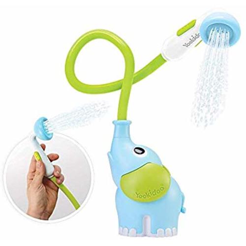 Yookidoo Baby Bath Shower Head - Elephant Water Pump and Trunk Spout Rinser - for Newborn Babies in Tub Or Sink - Blue