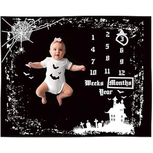 Halloween Baby Monthly Milestone Blanket Baby Photography Prop Bats Blanket Soft Baby Milestone Blanket for Boy Girl Newborn Growth Chart Photography Prop Background Blanket Baby Age Mat 47" x 40"