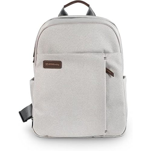 UPPAbaby Changing Backpack - Multiple Storage Compartments - Side Bottle + Laptop Pockets - Trolley Sleeve - Stroller Strap Attachment - Savannah - Pearl Gray Jacquard | Chestnut Leather