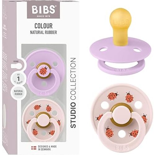 BIBS Studio Soother 2-Pack, BPA Free Dummy Pacifier, Round Nipple. Natural Rubber Latex, Made in Denmark, Size 1 (0-6 Months), Violet Sky/Petal