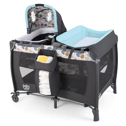 BABY JOY 5 in 1 Pack and Play, Portable Baby Playard w/Bassinet & Diaper Changing Table, Infant Nursery Center Bassinet with Toys & Music & Oxford Bag for Baby Toddlers (Blue, Dot Circle)