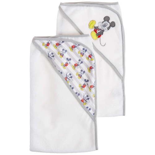 Disney Baby Mickey Mouse Hooded Towel Set for Kids and Toddlers, Bathroom Essential, 2 Pack, White