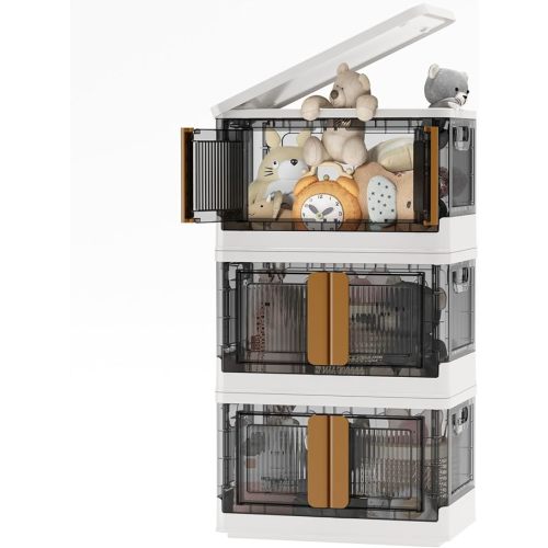Storage Bins with Lids-76Qt Collapsible Storage Bin with Double Door,3 Packs Stackable Storage Bins with Wheels,Plastic Storage Bins,Stackable Closet Organizer,Dorm Storage Bins with Lids and Doors - Grey - 19Gal-3 Packs