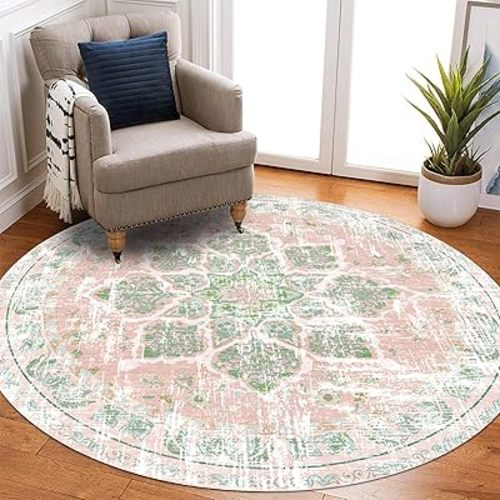 Vhong Boho Area Rugs Vintage Washable Round Dusty Pink and Green 5x5 Non Slip Small Circle Carpet for Nursery Living Room Dining Room Bedroom Girls' Room