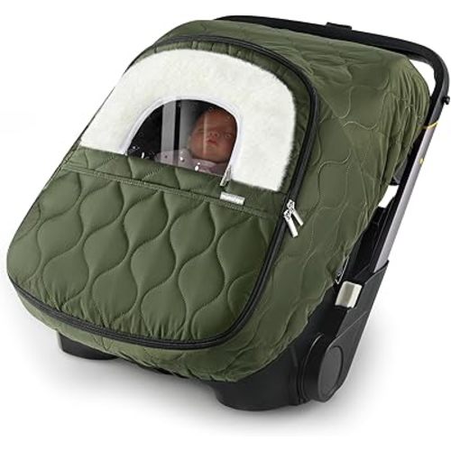 Winter Baby Car Seat Cover, Waterproof, Windproof Warm Fleece Breathable with Full Zipper for Newborn Car Seat, Green