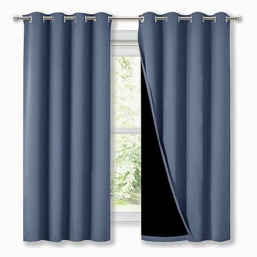 NICETOWN 100% Blackout Curtains with Black Liners, Thermal Insulated Full Blackout 2-Layer Lined Drapes, Energy Efficiency Window Draperies for Bedroom (Stone Blue, 2 Panels, 52-inch W by 63-inch L)
