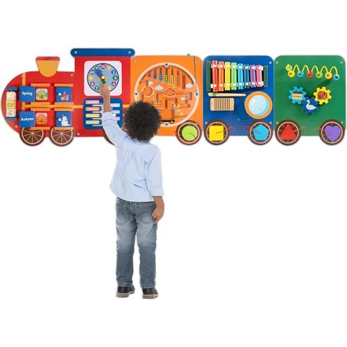 Train Activity Wall Busy Board Panels | 11-in-1 Wooden Sensory Wall Panel for Kids, Toddler Montessori Learning Activity Center, Perfect for Toddler Playroom Nursery Classroom Dentist Waiting Room