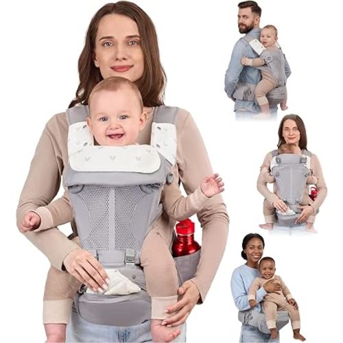 BabbleRoo Grow Plus Carrier – Safety Certified Organic Cotton Baby Carrier with Detachable Hip Seat, Ample Storage, Magnetic Buckle, Storage Bag – All-Season Comfort for Baby & Parent (7–50 lbs)
