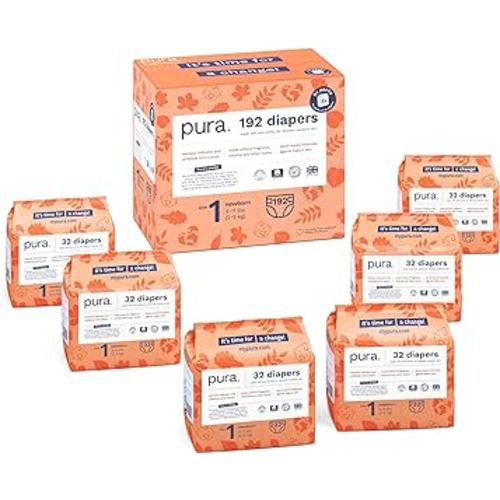 Pura Newborn Size 1 Baby Diapers (4-11lbs) Plant-Based, Allergy-certified, TCF, Hypoallergenic, Sensitive Skin, Absorbent Overnight, Monthly Supply - 6 Packs of 32 (192 Baby Diapers)
