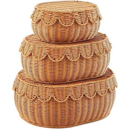 Juexica 3 Pcs Scalloped Basket with Lid Hand Woven Plastic Wicker Set 18 x 14 x 6 Inch Plastic Rattan Storage, Decorative Scalloped Edge Basket for Bread Picnic Table Bathroom Decor