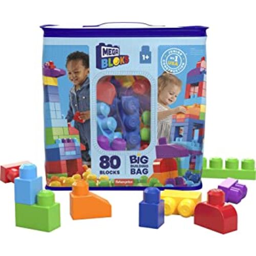 MEGA BLOKS 80-piece Building Blocks Toddler Toys with Storage Bag, Big Building Bag for Toddlers 1-3 - Blue