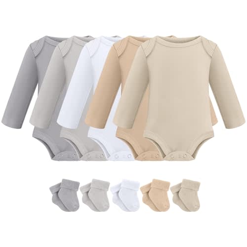 Glitopper 5 Pack Preemie Long Sleeve Bodysuit Preemie Layette Set Bodysuit Socks Set for Boys Girls NICU Gift
