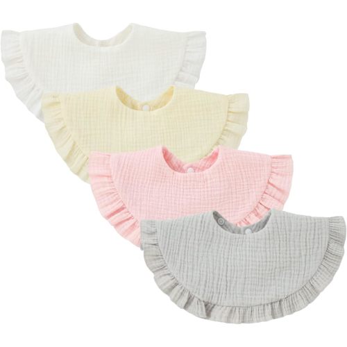 Nishine 4 pcs Unisex Baby Muslin Bandana Drool Bibs 360 Degree Rotatable Cotton Teething Feeding Drooling Bibs for Boy Girl - White Set
