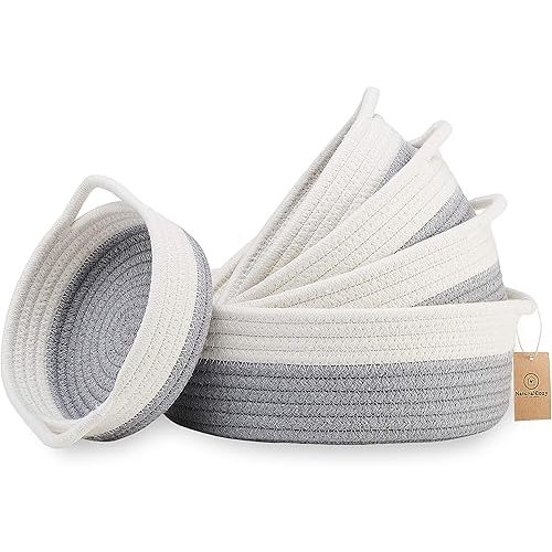 NaturalCozy 5-Piece Round Small Woven Baskets Set– Cotton Rope Baskets for Organizing! Montessori Toys, Fruits Remotes Key Tray Bowl for Entryway Desk, Shallow Catchall Home Décor, Cat Dog Bin Gift