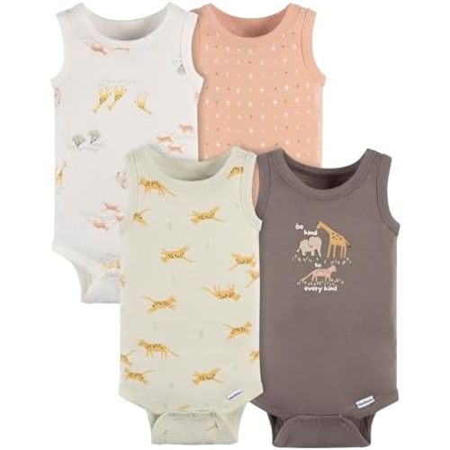 Gerber Baby Boys' Multi-pack Sleeveless Onesies Bodysuit, Ivory Safari, 0-3 Months