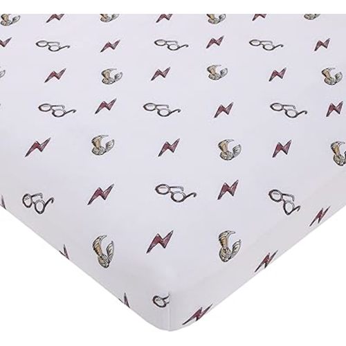 NoJo Warner Brothers Harry Potter White, Red, and Gold Lightning Bolt, Golden Snitch and Glasses Nursery Fitted Mini Crib Sheet