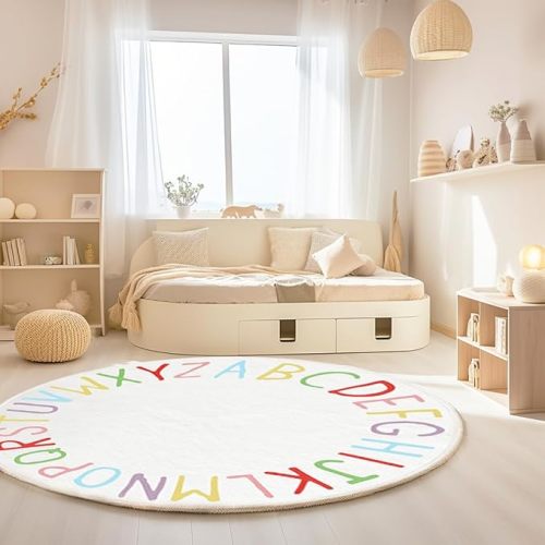 SHIPKEY Round Kids' Rug, Colored Alphabet Nursery Area Rug, Non-Slip Mat, Carpet for Living Room (4 feet)