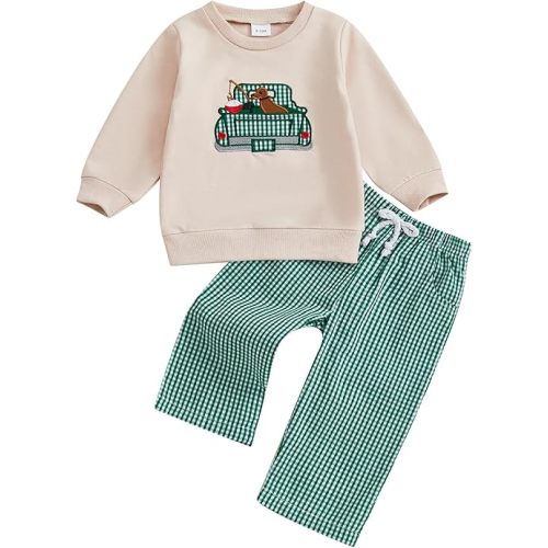 Toddler Baby Boys Fall Outfits Long Sleeve Printed Sweatshirt Tops and Elastic Gingham Pants Infant Clothes Set