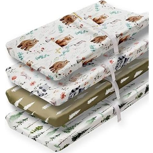 4 Pack Changing Pad Covers Woodland Forest Animals Wood Neutral Unisex Fitted Baby Changing Pad Cover Set for Baby Boys or Girls (Cartoon beer)