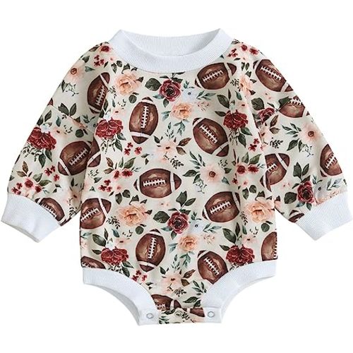 Karuedoo Baby Boy Girl Football Sweatshirt Bubble Romper Oversized Sweater Onesie Long Sleeve Bodysuit Outfit Fall Clothes